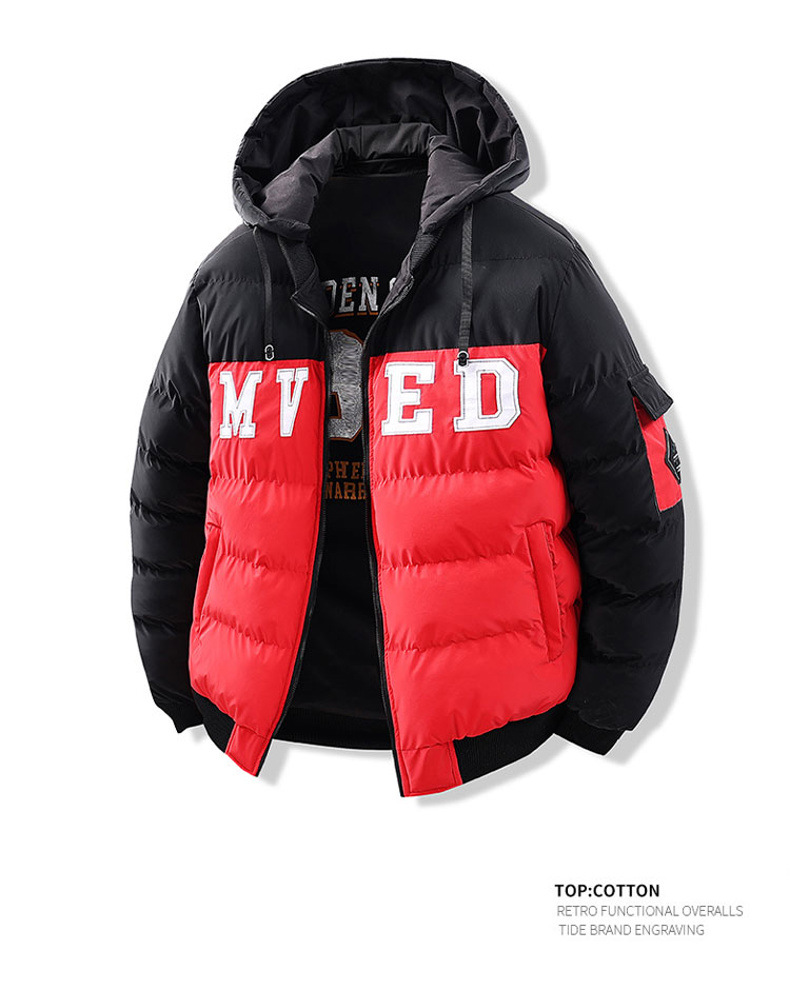 Wattierte Herrenjacke mit Stickerei, Daunenfüllung, dicker Baumwolle, kontrastfarbenem Futter, lockerer, abnehmbarer Mütze und doppelseitiger Kapuze_voghion.com