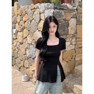 纯棉短袖开叉t恤女士夏季2025新款显瘦独特超好看上衣设计感小众