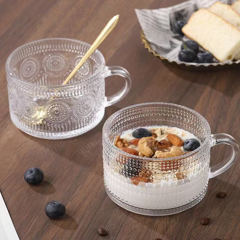 透明玻璃把手杯家用大容量牛奶杯浮雕燕麦杯牛奶玻璃瓶小号