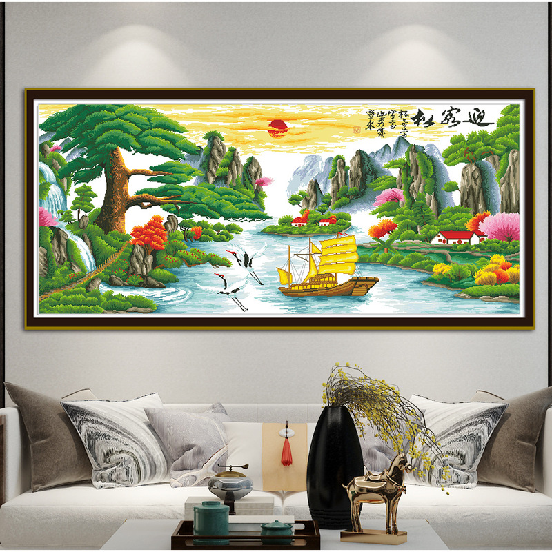 Cross-Border Dropshipping Landscape Painting Cross-Stitch Welcoming Pine Wealth Version Chinese Style DIY Handmade Embroidery Living Room Landscape Painting
