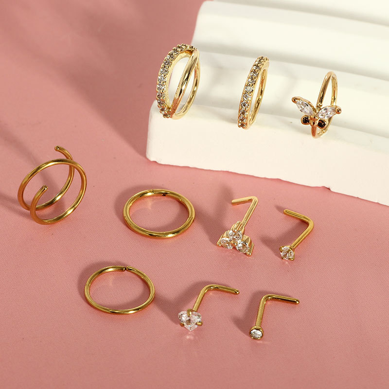 10-Piece Set Stainless Steel Nose Rings with CZ Gems Butterfly Nose Studs Nose Piercing Jewelry Gold Tone detail image 9