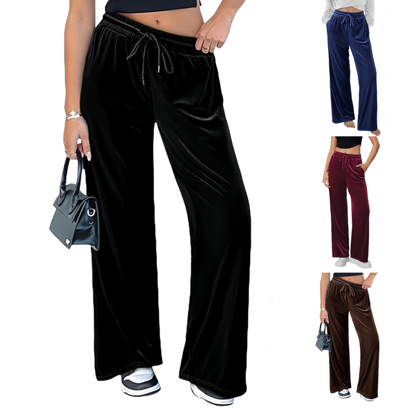 Amazon European and American Cross-Border Independent Website Autumn Women's Velvet Pants with Drawstring Waist, Jogger Wide-Leg Casual Pants