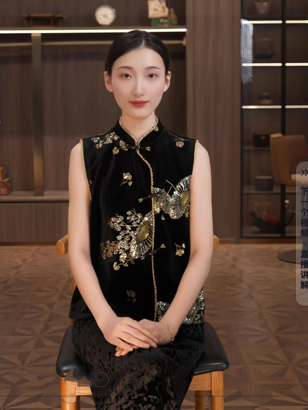 真丝丝绒手工钉珠盘扣开衫马甲文艺百搭新品新中式国风气质上衣坎|undefined