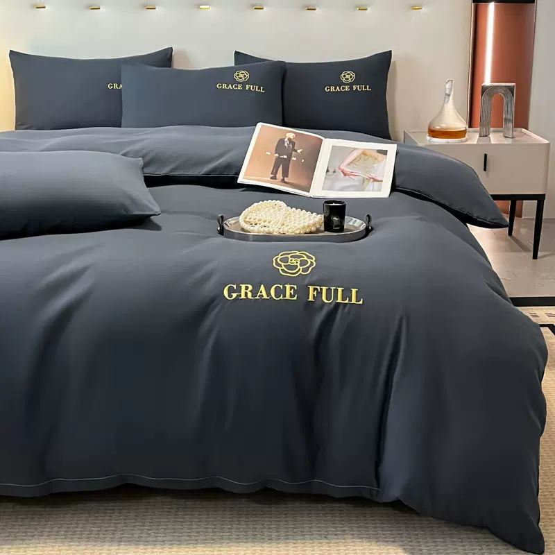 恒纯色刺绣水洗棉四件套简约磨毛单学生宿舍被套三件套批发