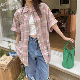 【工厂直销】韩版hiphop复古撞色格子短袖衬衫女夏季情侣百搭衬衣