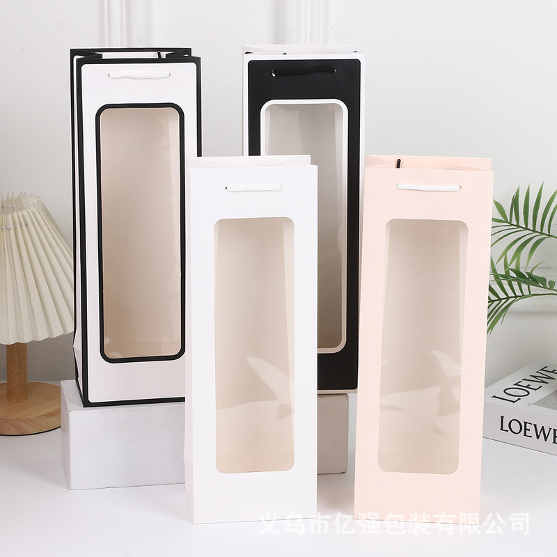 Window Red Wine Bag Gift Bag Window Transparent Handbag Rectangular Flower Bouquet Packaging Bag Souvenir Gift Bag