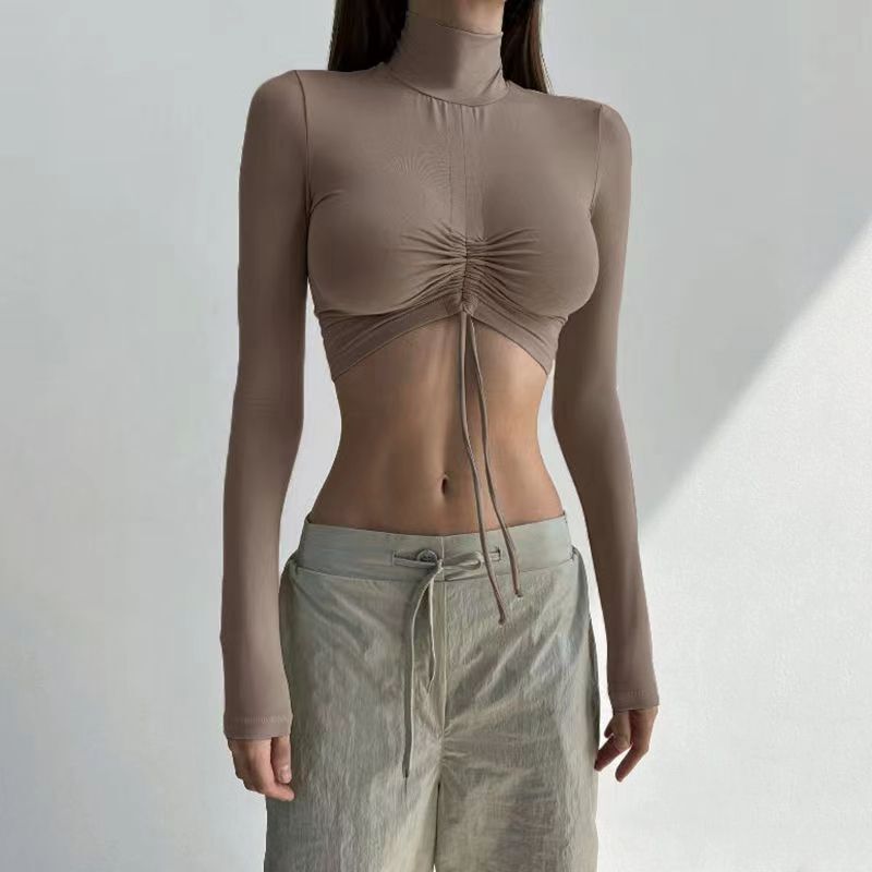 European and American cross-border hot girl casual fitness turtleneck T-shirt women's slim-fit pleated lace-up navel-exposed long-sleeved short top women's spring