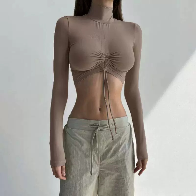 欧美跨境辣妹休闲健身高领T恤女修身抽褶绑带露脐长袖短上衣女春