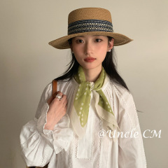 法式绿色波点丝巾女夏季薄款系脖领巾防晒护颈小方巾高级感小围巾
