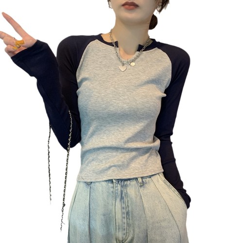 Design-Concept Contrast Half-Open Collar Slimming T-Shirt for Women 2025 Early Autumn Versatile Student Top