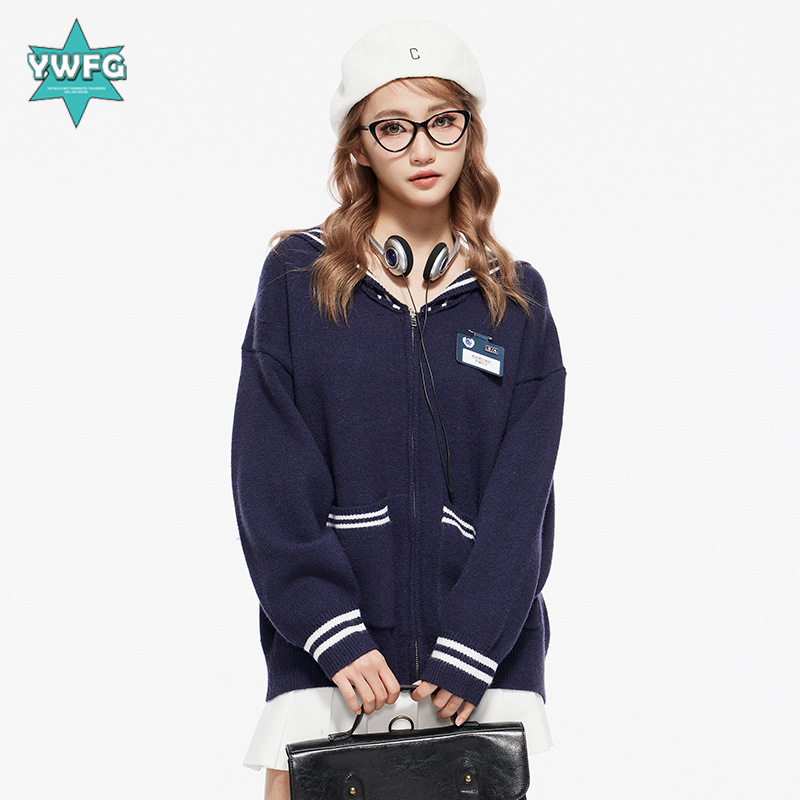 YWFG American Navy collar estilo de la Universidad 2023 otoño y el invierno las mujeres versátiles cardigan manga larga punto suéter abrigo image 4