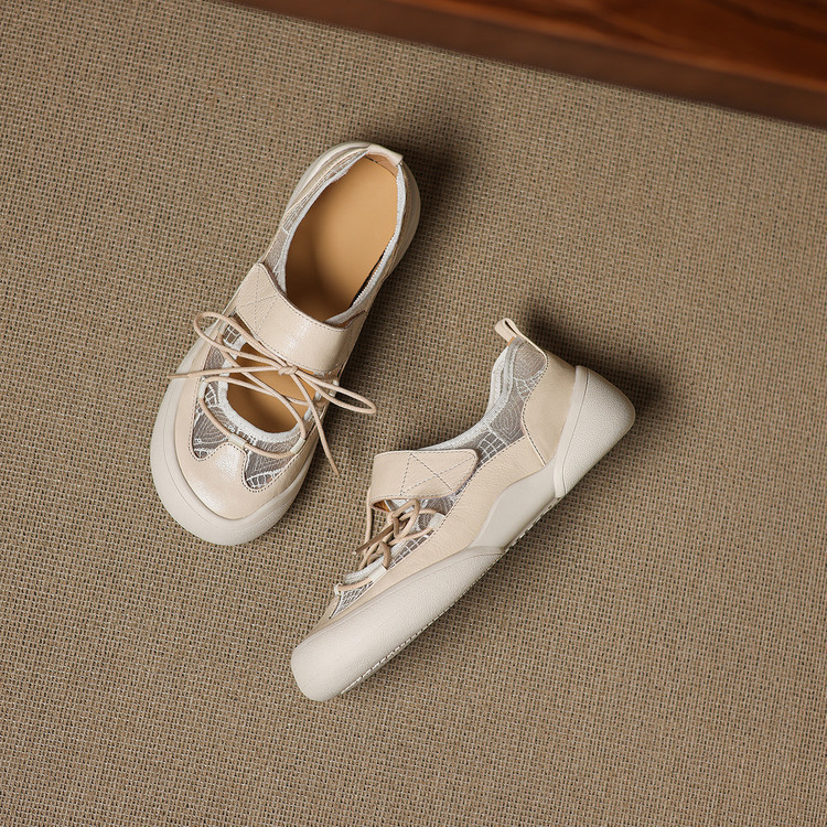 Giày sneaker nữ đế dày ren lưới phối màu cổ thấp — màu trắng ngà chi tiết 33