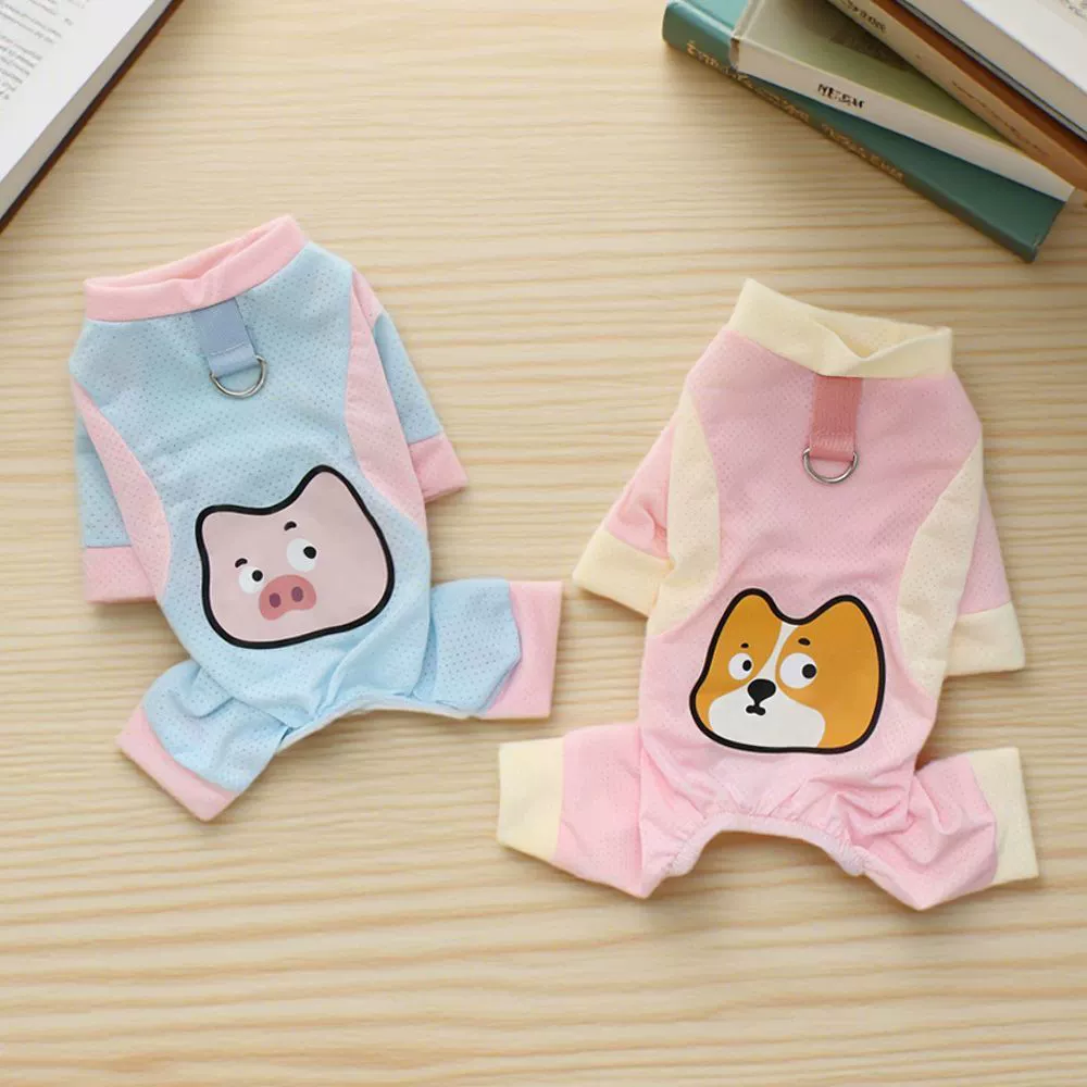 Летняя одежда для кошек и собак на четырех лапах, крутая одежда с пряжкой на поводке, крутая одежда из ледяного шелка для домашних животных, крутая одежда на четырех лапах с героями мультфильмов