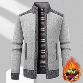 外贸男装立领长袖拼接加绒加厚开衫针织衫外套男士保暖宽松毛衣