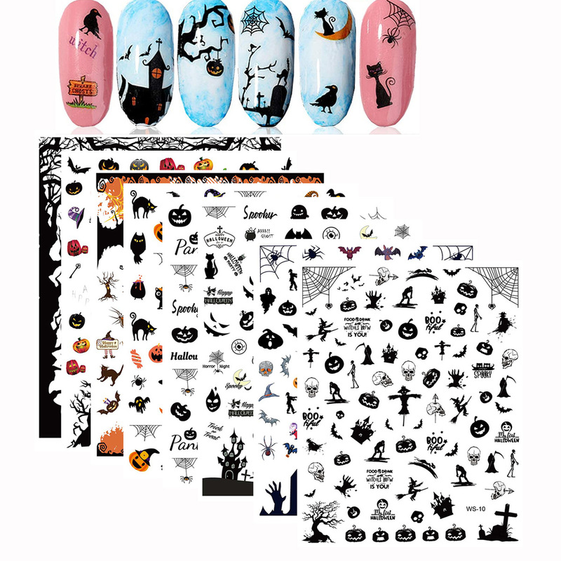 2021 New Halloween Nail Art Stickers Cross-border ins Color Laser Pumpkin European and American Skull Transfer Nail Stickers