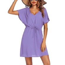 亞馬遜速賣通熱賣 夏季女式短袖沙灘裝 寬松 V領比基尼束腰連衣裙