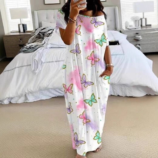 Popular Cross-Border 3D Digital Print Lazy Style Gradient Candy Color Loungewear Comfortable Long Dress
