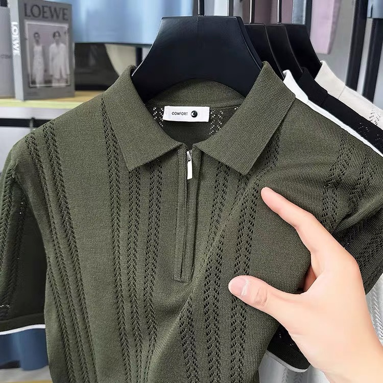 POLO suéter de punto de manga corta con solapa para hombre, verano, seda de hielo, rayas, color a juego, negocio, delgado, marea, comercio exterior, venta al por mayor transfronteriza