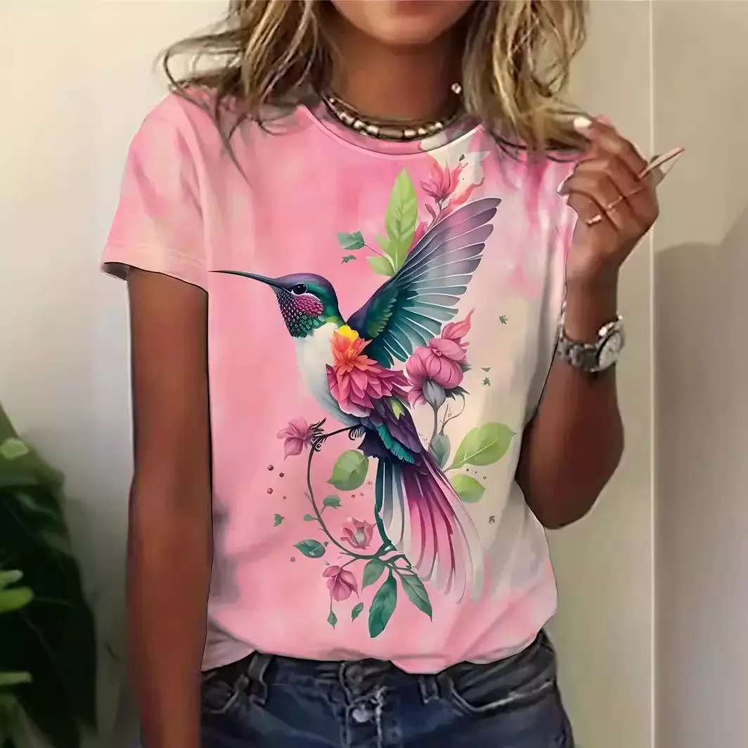 （牛奶丝）鸟与花儿图案3D印花女式休闲短袖t恤厂家直销外贸货源