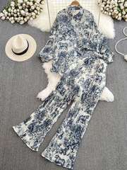 ファッションスーツの女性三宅のしわがゆったりしている水墨画のプリントのシャツは胸のベストの3つのセットの高腰の広腿のズボンを塗ります。