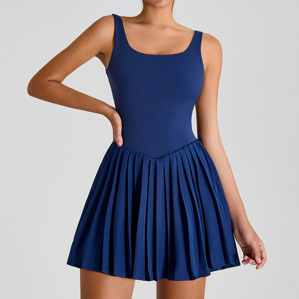 Vestido de yoga deportivo sin mangas Fitness Falso de dos piezas Falda plisada de bolsillo antibrillo Falda de tenis para correr