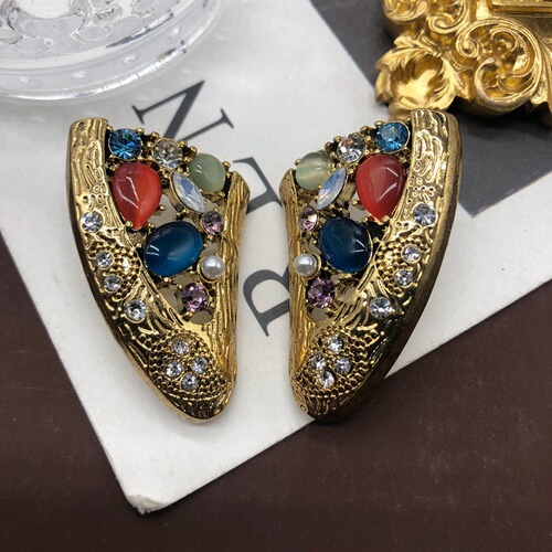 Retro aged necklace copper chain short necklace colorful cat's eye stone diamond plated real gold necklace earrings ear clip set