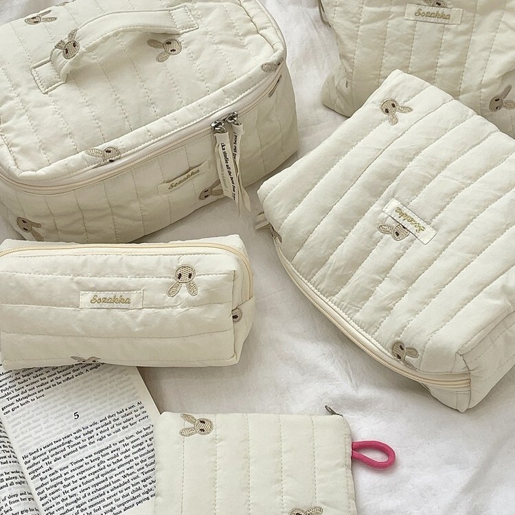 412222 Soft Cute Embroidered Cute Bunny Quilted Soft Storage Bag Large Capacity Cosmetic Bag Student Stationery Bag