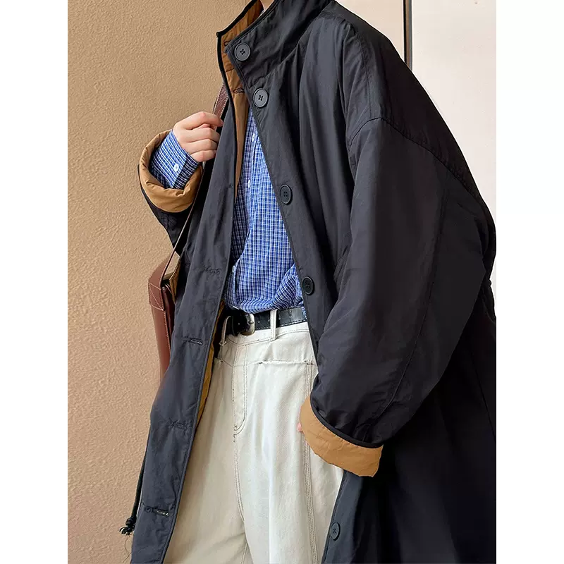 橘芷2024冬季新款夹棉外套复古百搭翻领排扣过膝长款保暖棉服F365