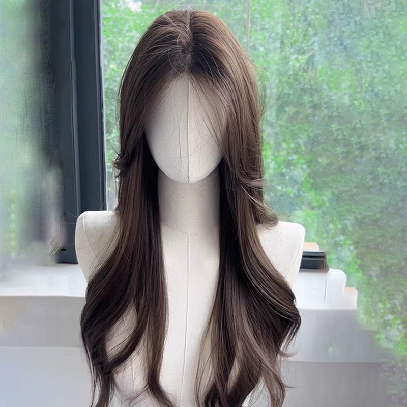 Front Lace Wig for Women, Cold Brown Summer Headgear, Eight-character Bangs, Big Wave Elegant, Curly Hair, Full Wig