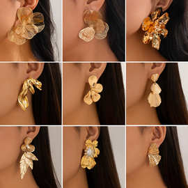 欧美跨境花瓣复古earrings液态金属银杏叶简约耳钉女小众花卉耳环