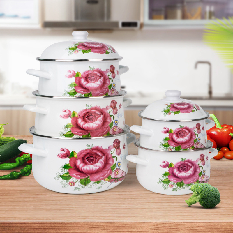 Thickened 18-26cm Pastoral Style Three-Piece Enamel Pot Enamel Porcelain Pot Stew Pot Soup Pot Instant Noodle Bowl Small