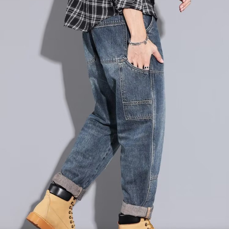 Pantalones vaqueros rectos de tendencia coreana para hombres de primavera y otoño, pantalones anchos sueltos para hombres, pantalones harem de nueve puntos casuales de la marca de moda