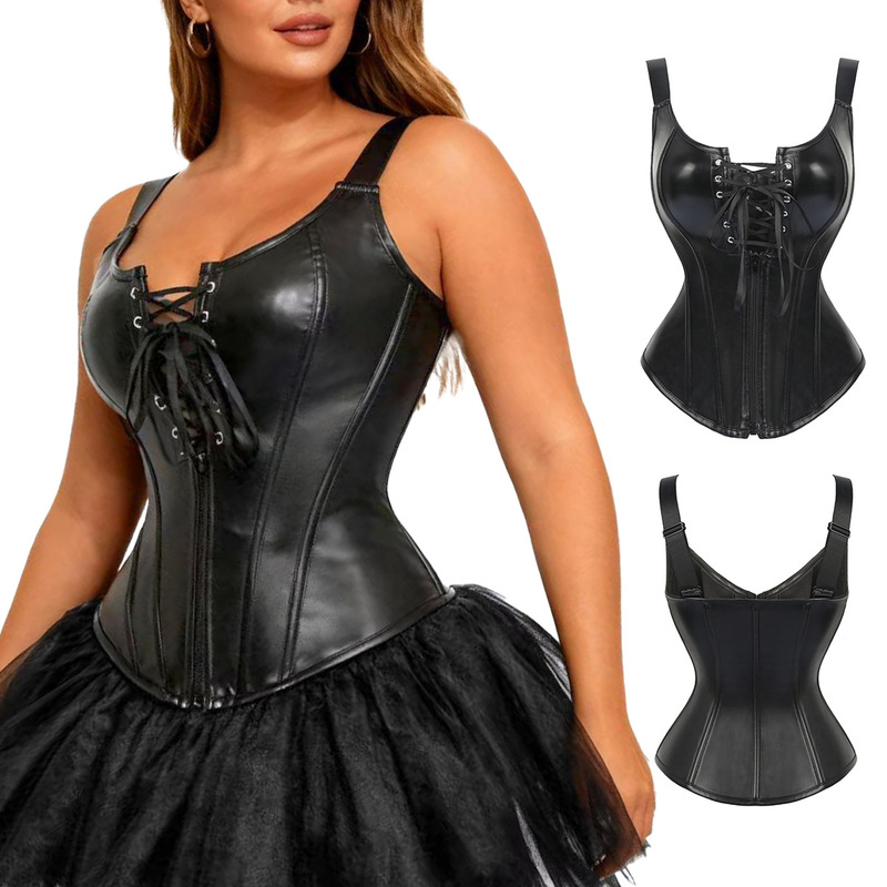 Black Sexy Lace-Up Pu Leather Corset with Chest Support and Waist Cinching