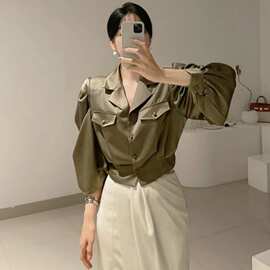 韩国东大门2026春季新款法式西装领泡泡袖衬衫女宽松短款显瘦上衣