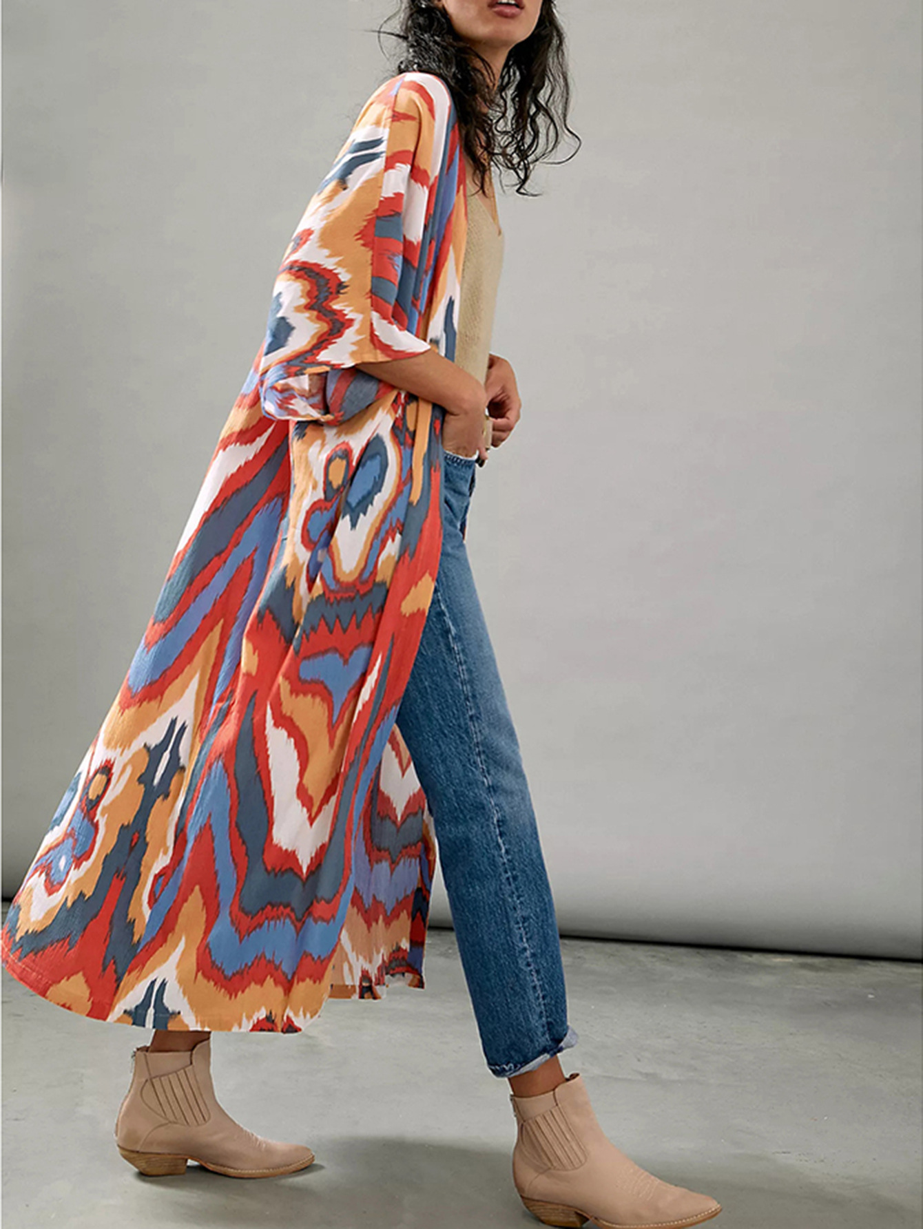 SY05 europea y americana suave crepe impreso vacaciones protector solar cardigan bikini blusa traje de baño chaqueta