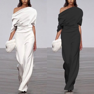 2023 European and American Hot-Selling New Spring One-Line Collar Jumpsuit Loose Casual Women's Pure Color Elegant Commuter Pants