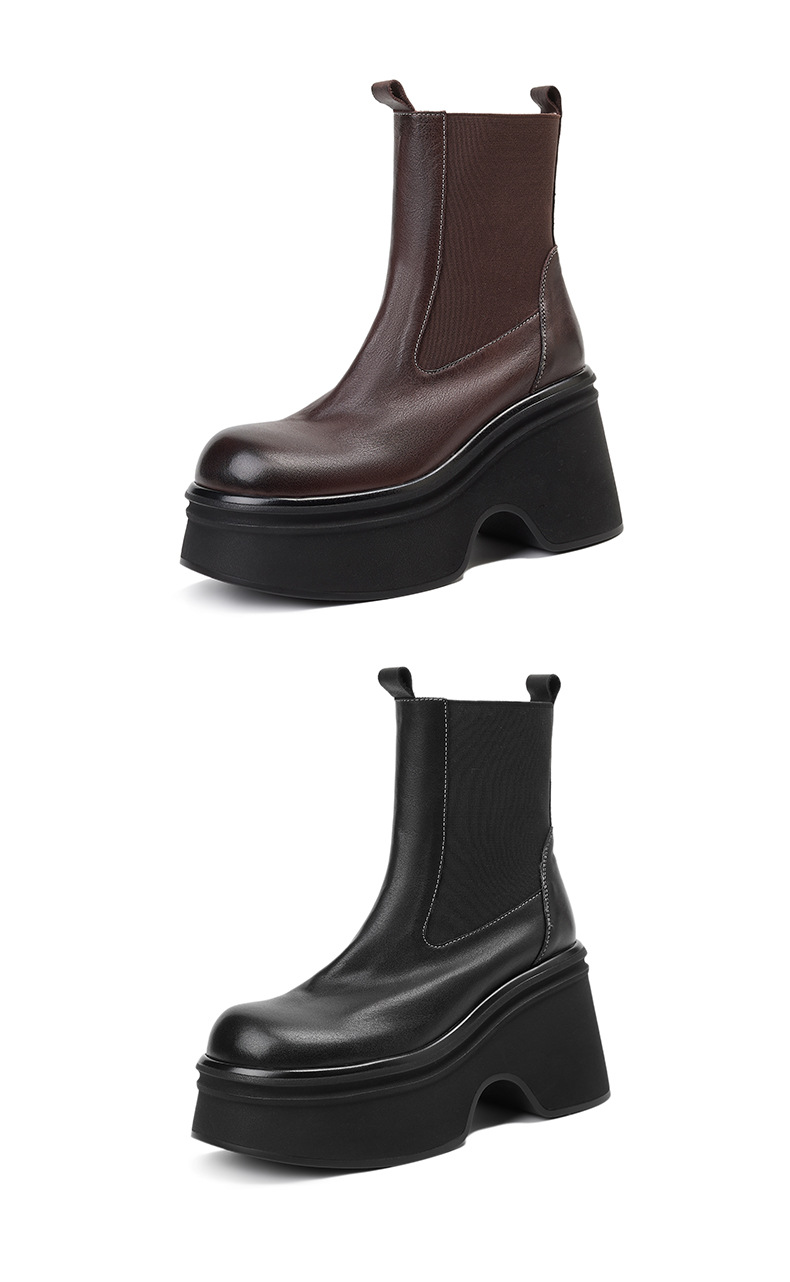 Boot Chelsea nữ da bò mũi tròn đế nêm siêu cao gót cổ ngắn mùa thu đông — Lớp lót nhung đen, đen, Lớp lót nhung màu nâu, nâu chi tiết 15