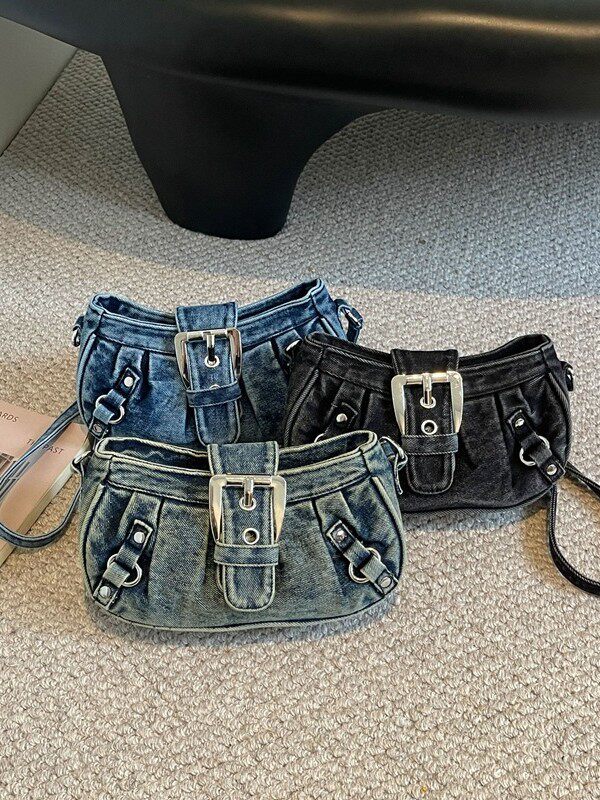 Túi đeo chéo nữ dáng hộp nhỏ kẹp nách vải denim xếp nếp phong cách Hàn Quốc — Cao bồi xanh, Màu xanh cổ điển, đen