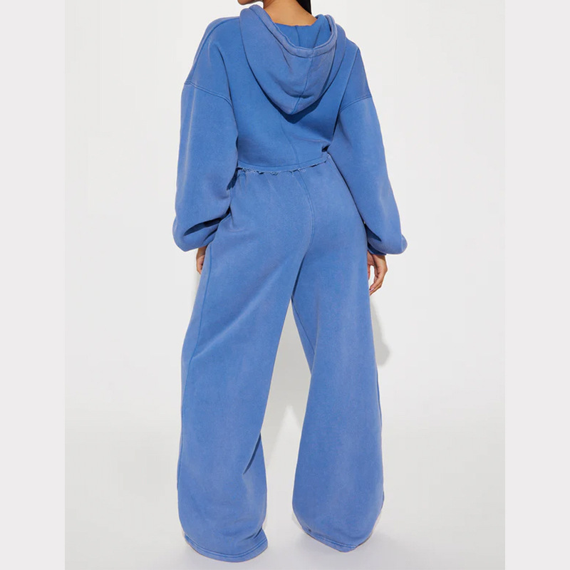 Vêtements pour femmes automne femmes décontracté à capuche devant zip pull jambe large pantalon ample costume_voghion.com