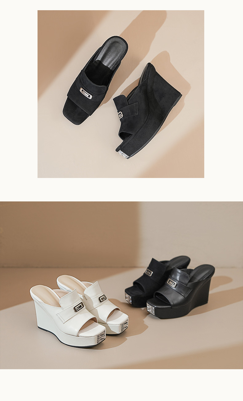 Sandal cao gót nữ mũi cá hở ngón, đế dốc dày da bò, gót 10.5 cm — Lời bài hát: Black (Sheep Flip) chi tiết 8