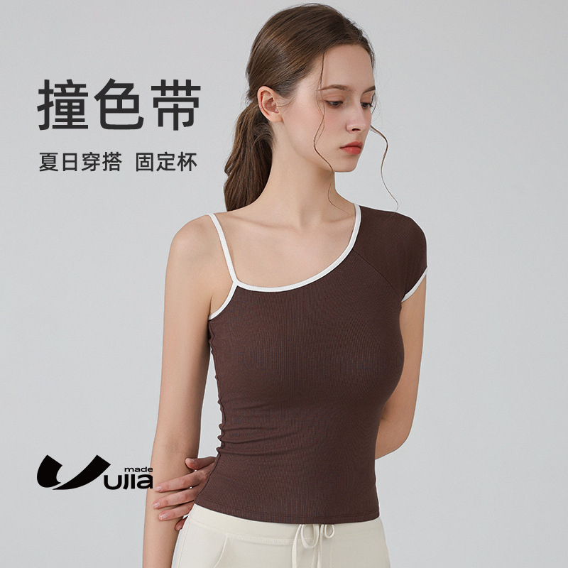 Yoga Wear American Retro Design Slanted Shoulder Contrasting Color Sports Short-Sleeved Tops for Women Summer New Running Slim T-Shirt