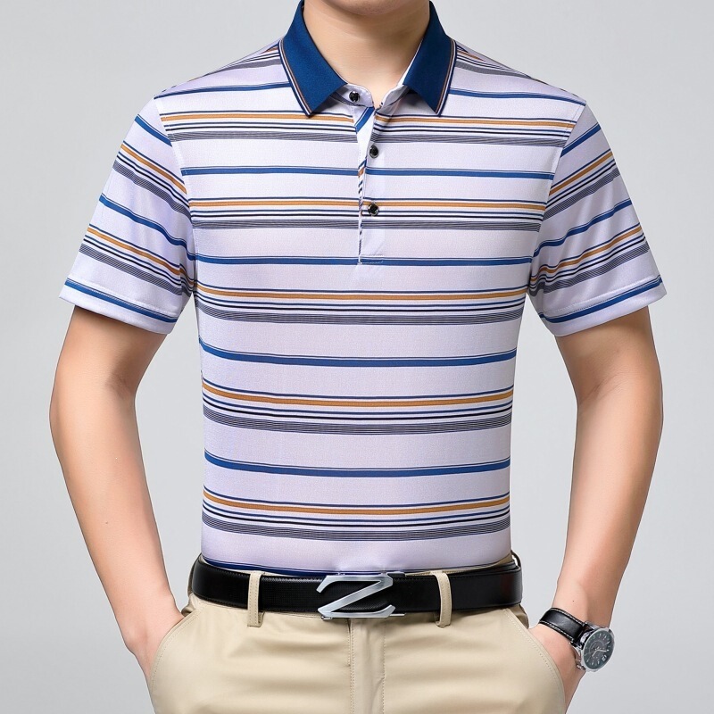 Summer High-End Men's Short-Sleeve T-Shirt with a Turn-Down Collar, Suitable for Middle-Aged Business Casual Wear, Made of Thin Mulberry Silk Summer High-End Men's Short-Sleeve T-Shirt with a Turn-Down Collar, Suitable for Middle-Aged Business Casual Wear, Made of Thin Mulberry Silk