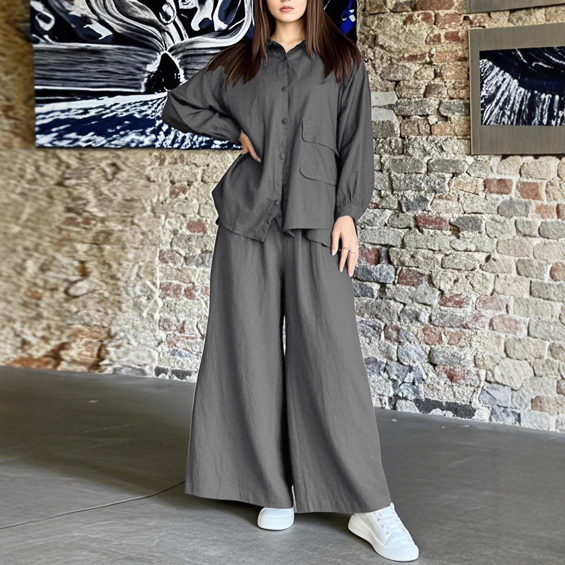 Set van oversized katoenen shirt en wijde broek – Euro-Amerikaanse vintage minimalistische outfit (S-5XL, 7 kleuren, essentieel voor werk en weekend)_voghion.com