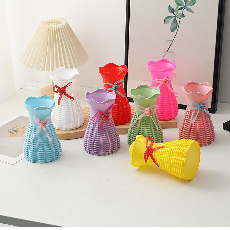 Plastic Rattan-Like Woven Flower Baskets and Vases for Living Room, Wholesale, Cross-Border Hot-Selling Artificial Small Potted Plants