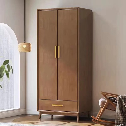 Full solid wood wardrobe, home simple combination coat closet, Nordic bedroom multi-functional storage cabinet, small apartment hanging wardrobe
