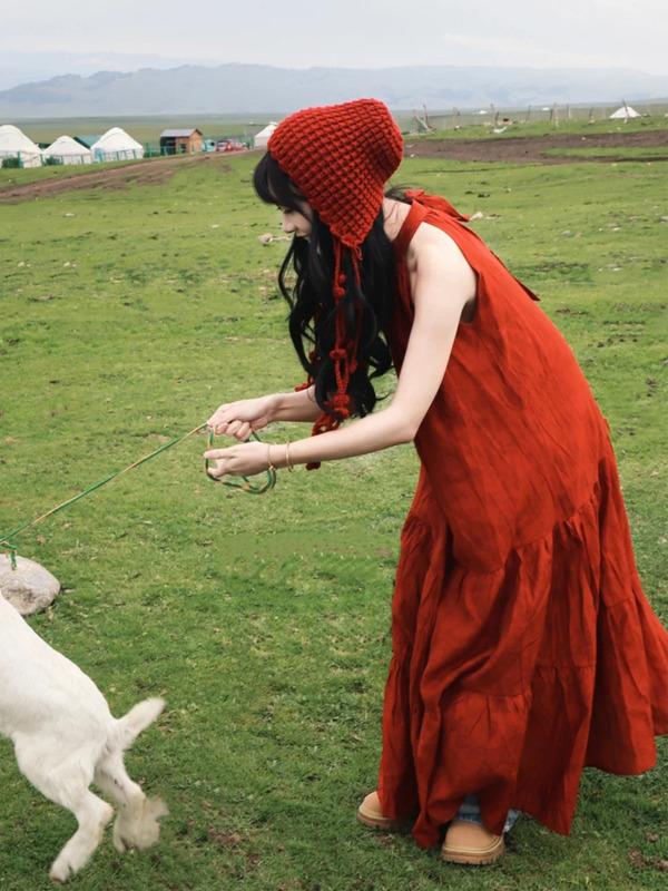 French Resort Style Red Halterneck Dress Summer New Style This Year’S Popular Xinjiang Travel Wear