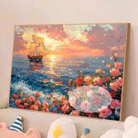帆船落日玫瑰花DIY数字油画手工绘填充涂色高级感风景客厅装饰画