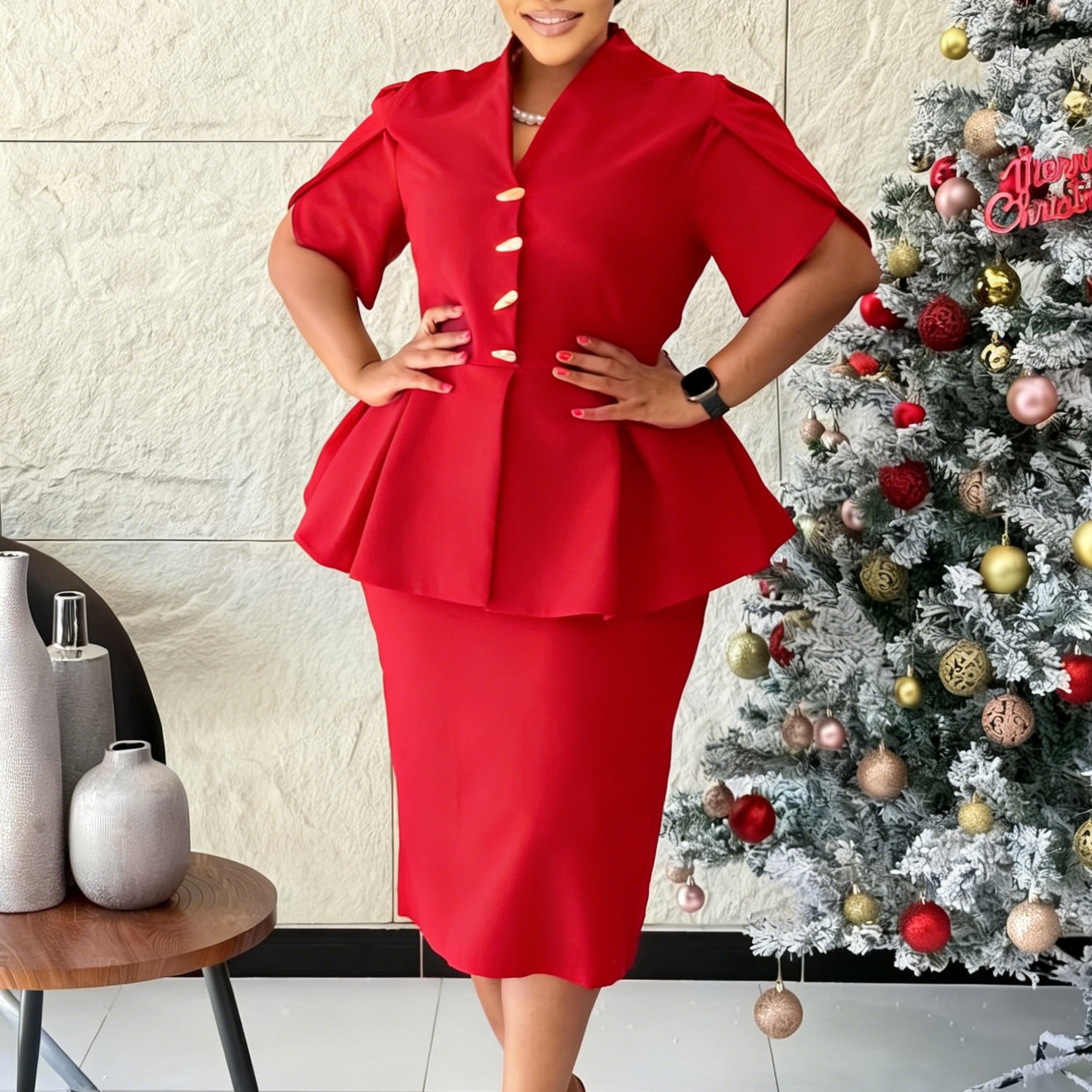 Elegant Plus Size African Dress Slim Fit Ruffled V Neck Short Sleeve Fashionable for Parties and Events Wholesale