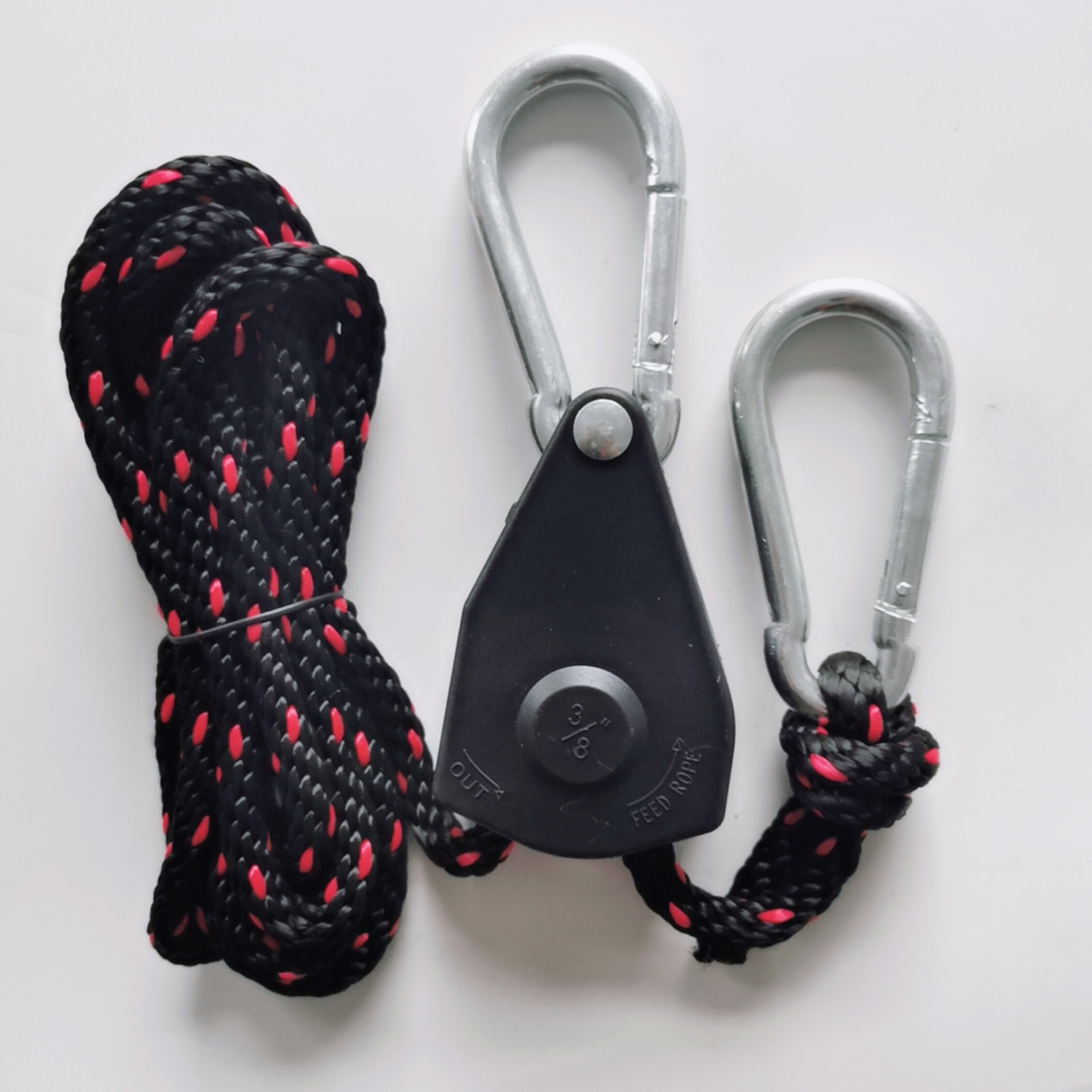 검정색 3/8 초대형 - 플라스틱 바퀴 내장 - 강화 나일론 쉘 - 로프 두께 10mm-3m 검정색 및 빨간색 로프(다른 사양은 플라스틱 바퀴로 제작 가능)