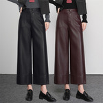 时尚休闲阔腿皮裤女秋冬季新款高腰显瘦小个子直筒绵羊皮九分裤子